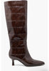 Brown knee-high boot with a textured pattern on a white background