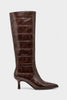 Brown knee-high boot with a textured pattern on a white background