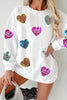 White Letter Print Heart Graphic Valentines Corded Crewneck Sweatshirt