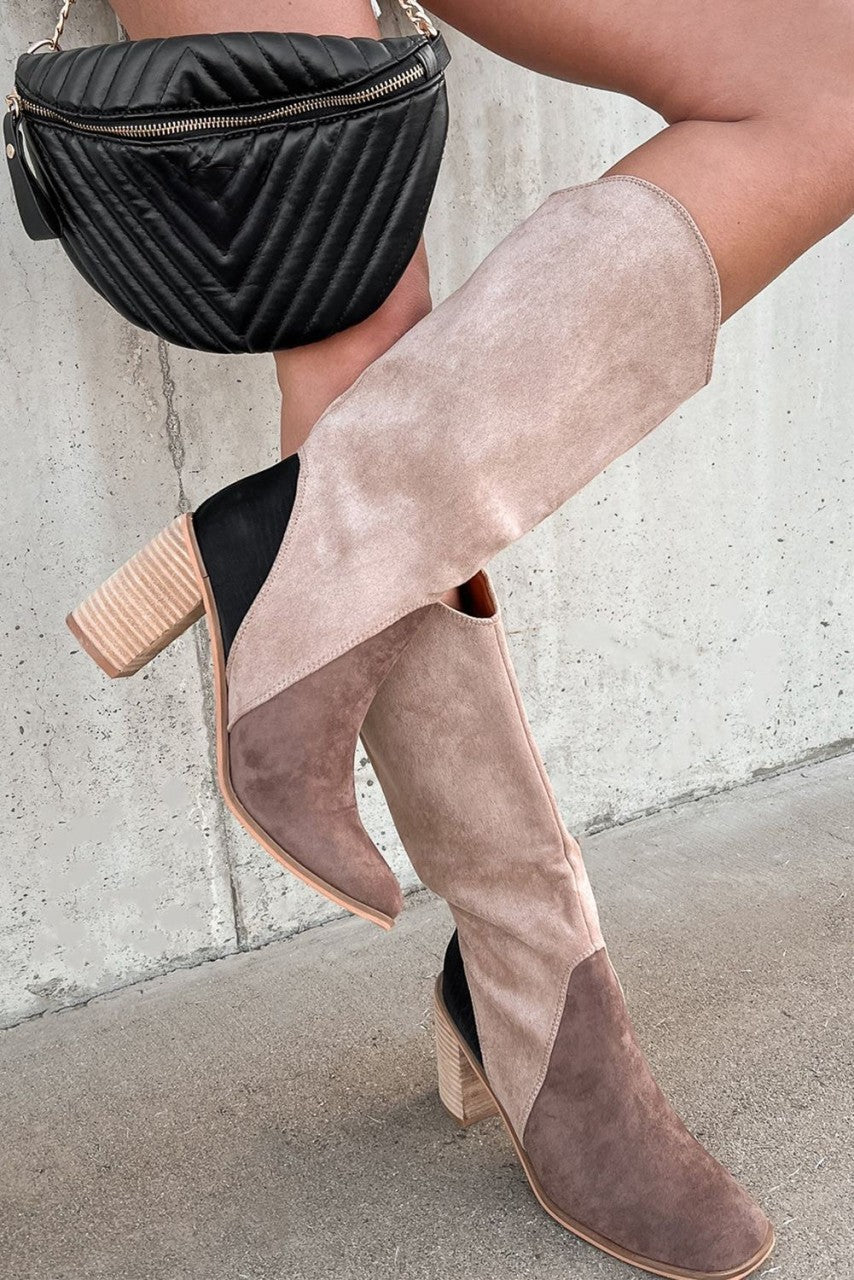 Coffee Suede Calf Length Chunky Heel Boots