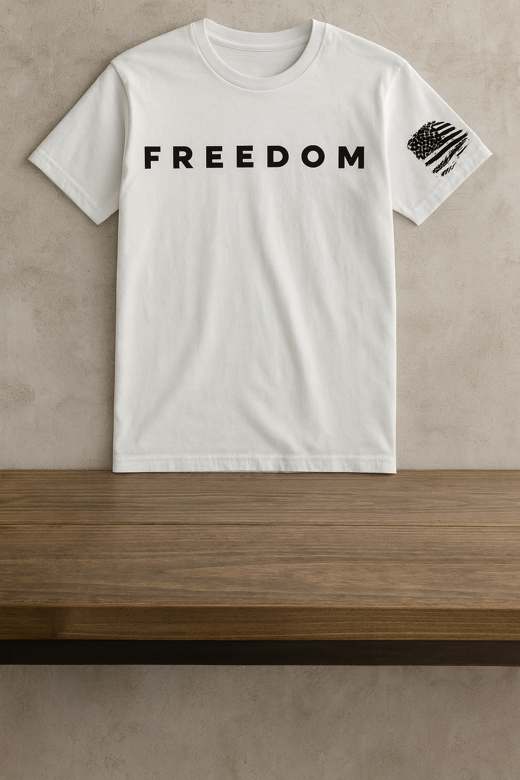White t-shirt with 'FREEDOM' text and American flag graphic on a wooden surface.